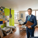 Consultor de avalúos de Inmovaluar revisando remodelación incompleta en un departamento, con errores visibles en acabados y cableado.