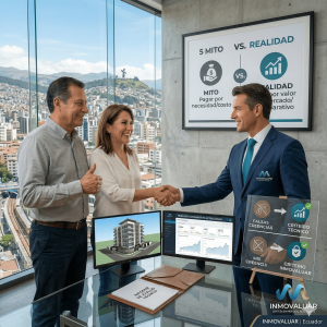 Pareja satisfecha estrechando la mano con asesor de Inmovaluar tras recibir informe técnico basado en el mercado comparativo.